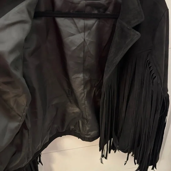 Y2K XL Fringe Black Faux Suede waist jacket cowgirl western festival Rock 90’s - Picture 11 of 12